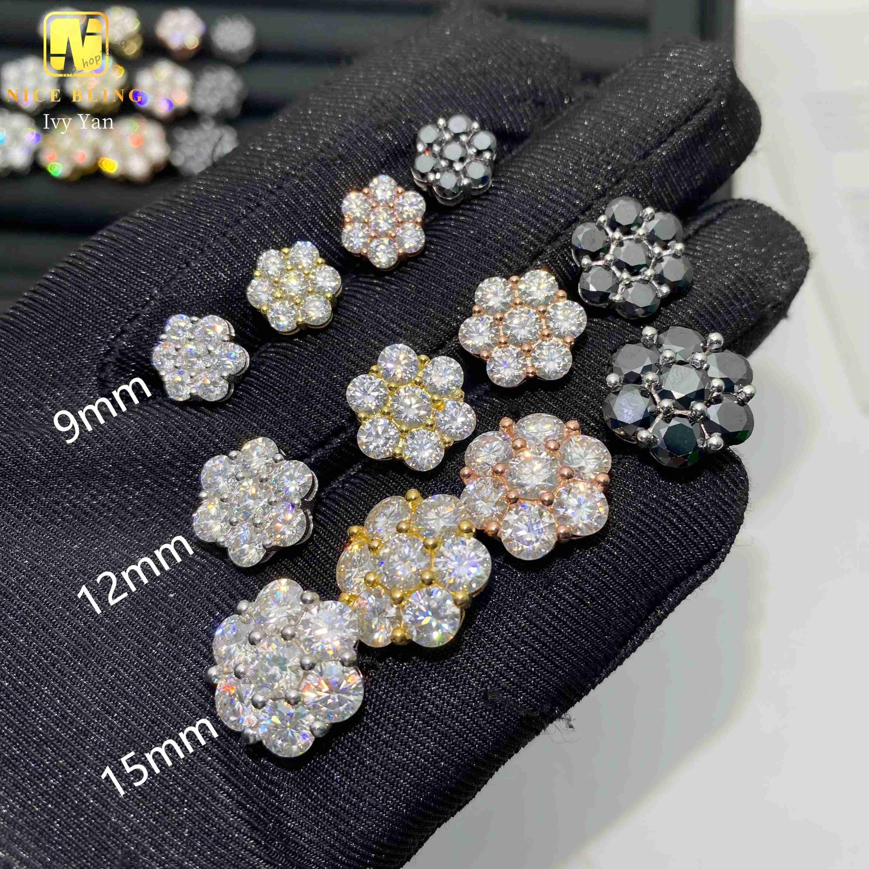 9mm 12mm 15mm Fashion Cluster Screw Back Ear Studs Iced Out Hip Hop Jewelry 925 Silver VVS Moissanite Stud Earring for Women