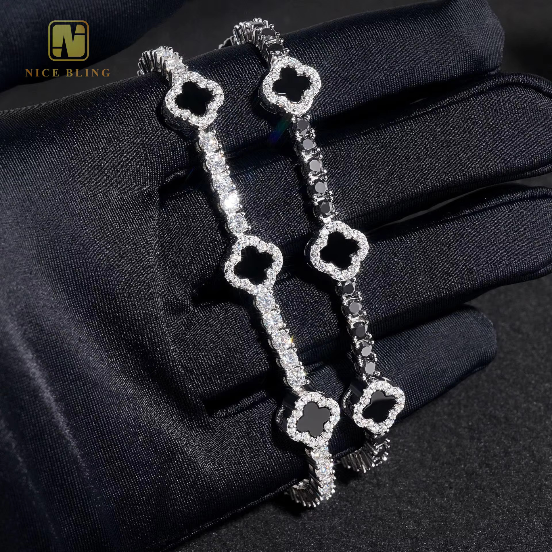 New Arrivals Jewelry 3mm Iced Out Hip Hop Bracelet 925 Sterling Silver Black White Moissanite Clover Tennis Bracelet Necklace