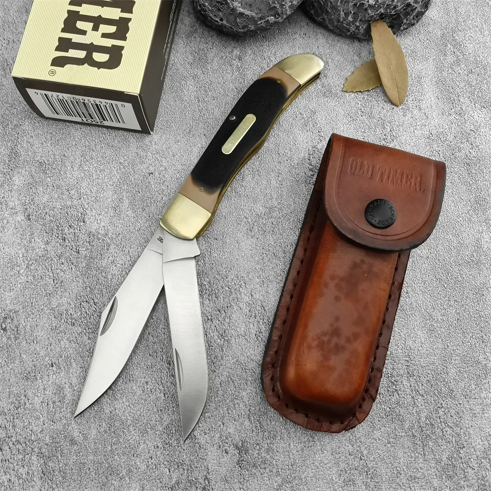 Schrade 25OT Pocket Folding Knife with Double 7Cr13Mov Blade Brass + Acrylic Handle Cowhide Sheath Outdoor Hunting Survival Camping Knives 3300 535 15