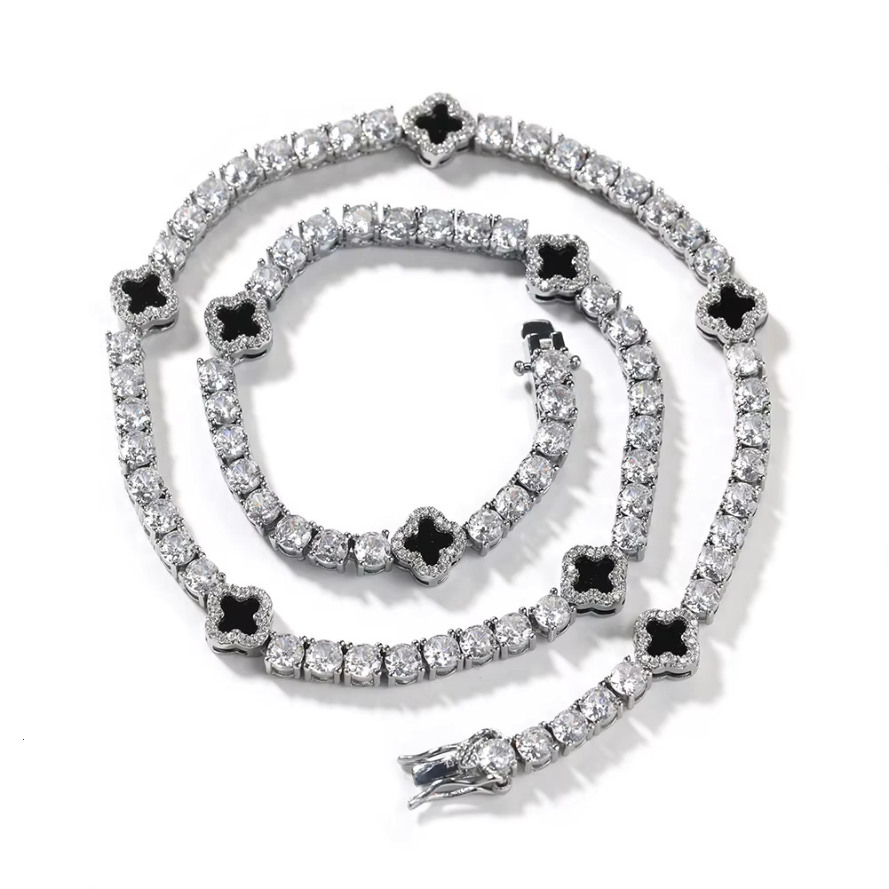 Womens Gold Plated Bling Tennis Bracelet Chain Moissanite VVS Dia Jewelry Set Hip Hop Iced Out Black Clover Necklace