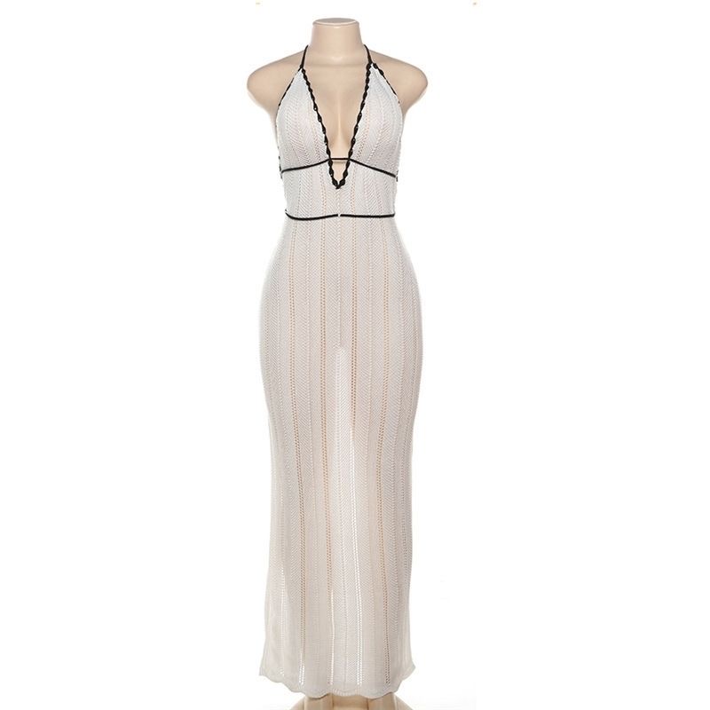 Sexy Dresses: Sleeveless Knit Sling Dress for Elegant Beachwear, V-Neck Openwork Beach Resort Dresses C260312
