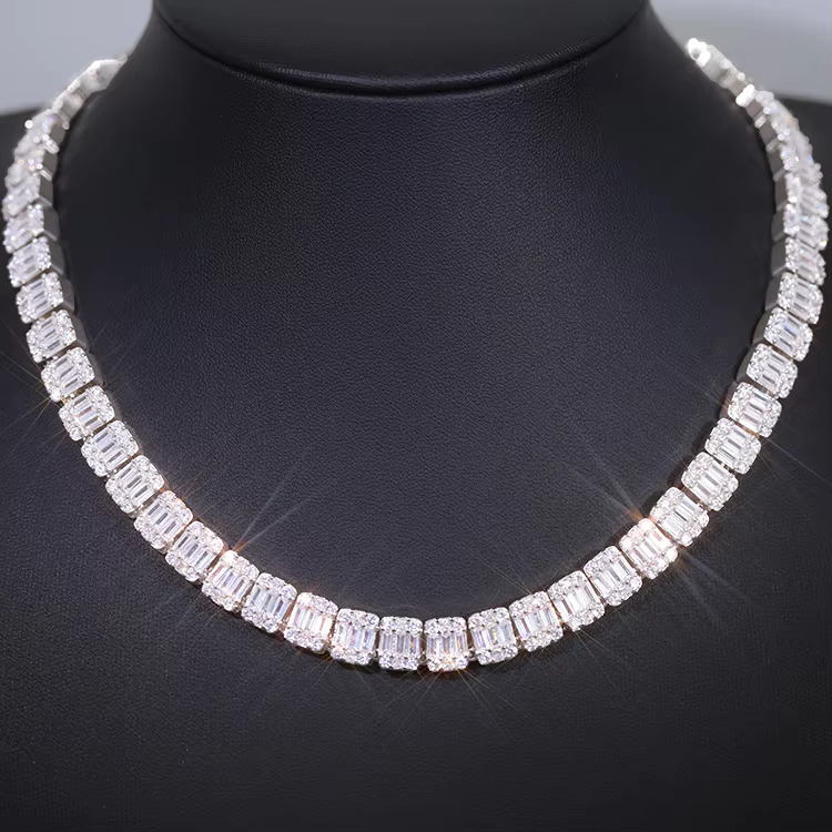 Fashion Baguette Tennis Chain Fine Jewelry 9mm Width S925 Solid Silver Chain Hip Hop Necklace VVS Moissanite Cuban Chain