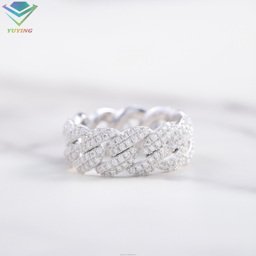 In Stock Iced Out Moissanite Ring Fashion Jewelry 925 Silver White Gold Plated Hip Hop Moissanite Diamond Cuban Ring for Men