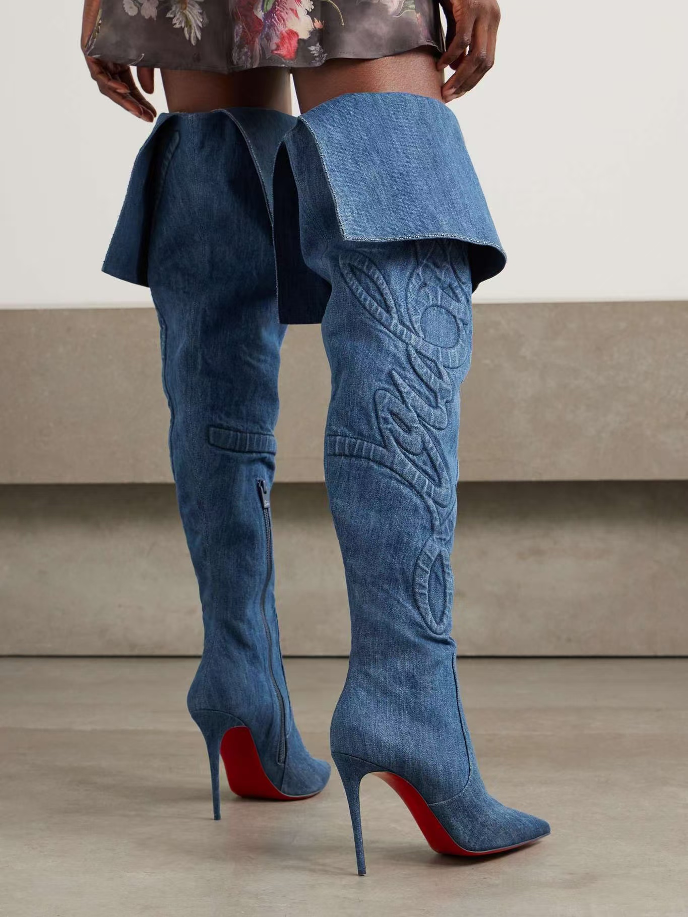 European women's high-heeled pointed shoes, denim embroidered knee high zipper boots, nightclubs dates - stylish and minimalist design