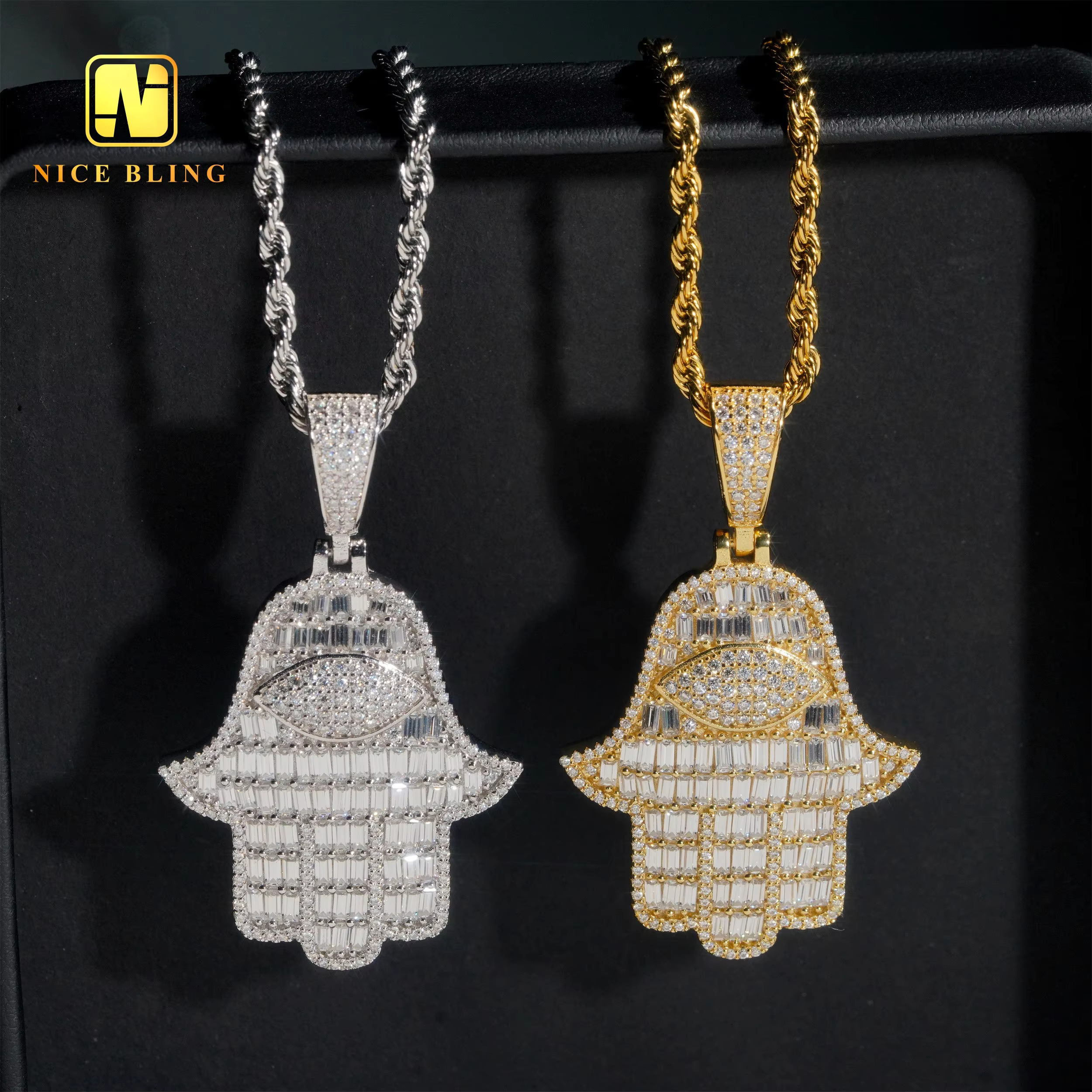 18K Gold Plated Hand Pendants Fashion Hip Hop Moissanite Jewelry Baguette Diamond Hamsa Hand Pendants Charms for Men Women