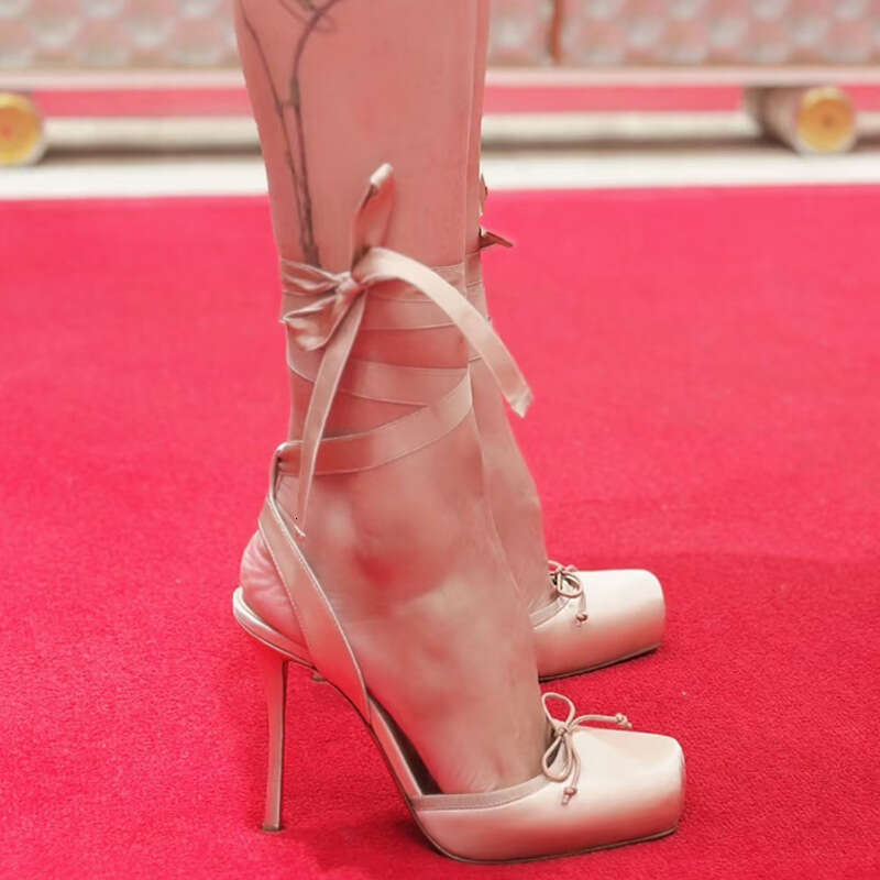 Pin Heels New Square Headed Silk Satin Bow Strap High Heeled Sandals French Ballet Toe Cap Red Soled Roman Women S Shoes KQ