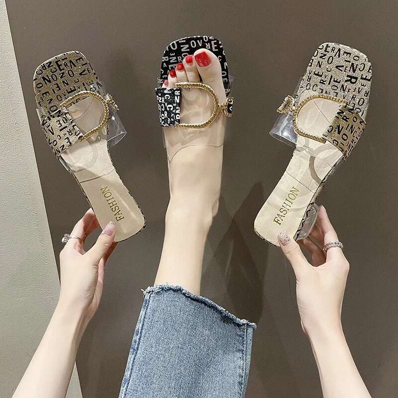 2025 Summer New Crystal Transparent Women s Middle Heel Comfortable Sandals Women s Shoes Fashion Designer Trendy Cool Letter Slippers One Line Drag