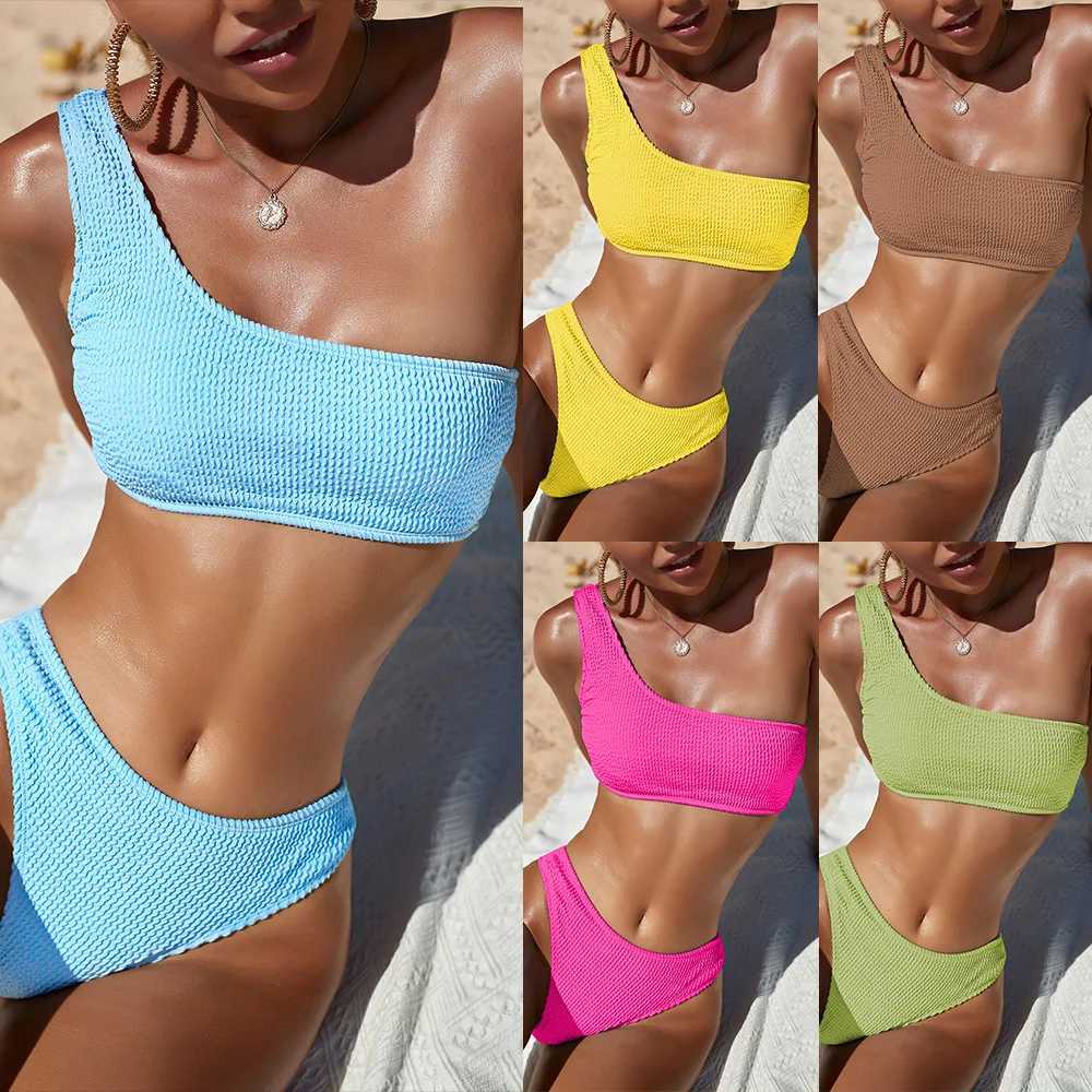 One Shoulder Bikini Textured Swimwear High Cut Swimsuit Solid Bathing Suit Women Brazilian 2025 FashionT250602