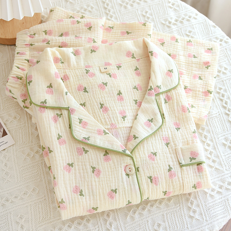 X151-Long-sleeved pajamas for women in spring and autumn, crepe home floral lapel double-layer gauze pajamas set