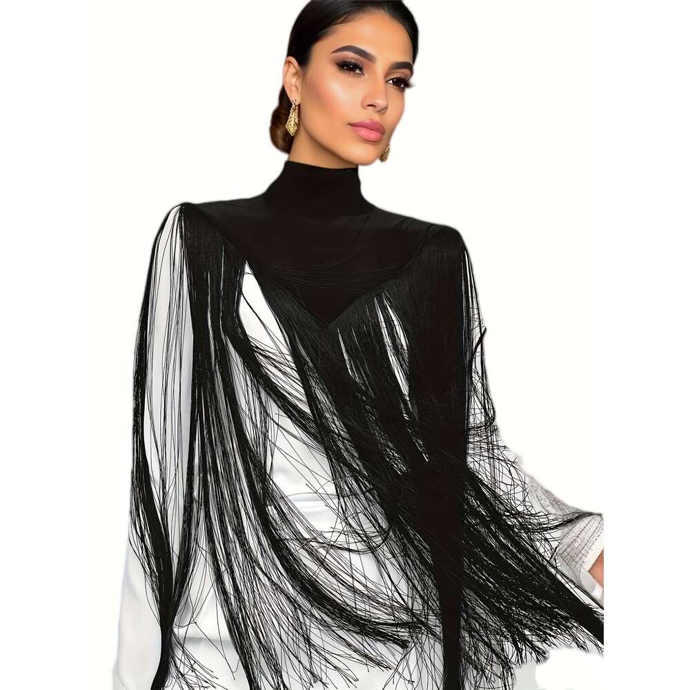 Vintage Mandarin Collar Tassel Cape, Polyester Non-Stretch Solid Color Flared Hem, Regular Fit, Woven H-e Contour, Spring/Summer/Fall