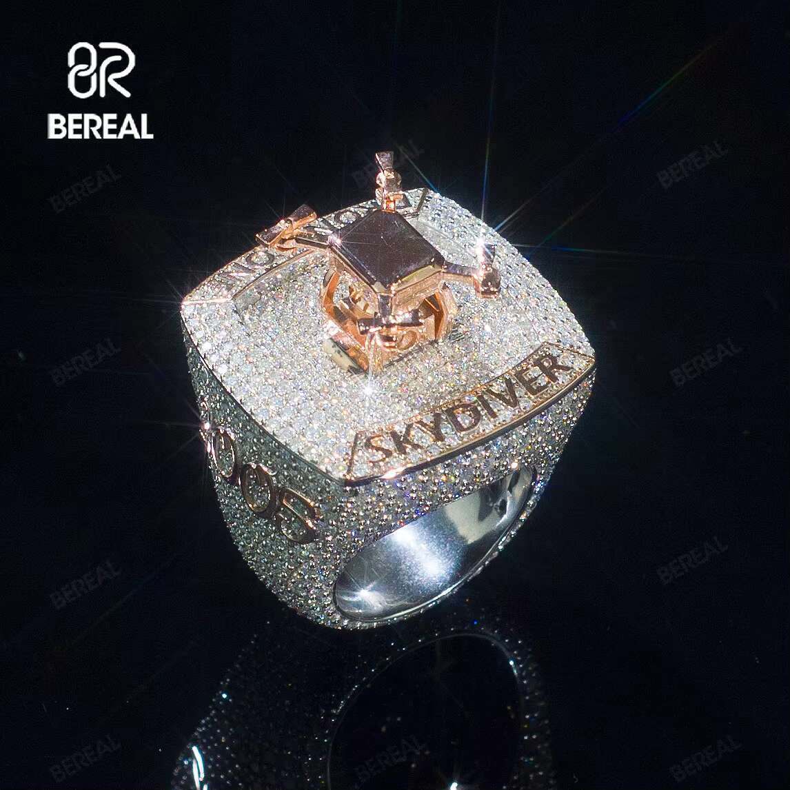 Custom UAV Letter Vvs Iced Out Moissanite Hip Hop Ring Pass Dia Test Sier 14K Gold Plated Fine Jewelry for Men