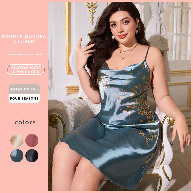Large Size Simulated Silk Suspender Skirt Pajamas for Women - Spring & Summer Ice Silk Printed Sleepwear