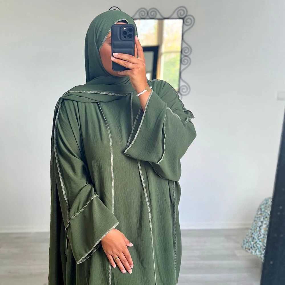 Three Piece Abaya Set With Hijab Free Belt Jazz Crepe Kimono Sveless Under Dress EID Ramadan slim Women Islamic ClothingXJ250310