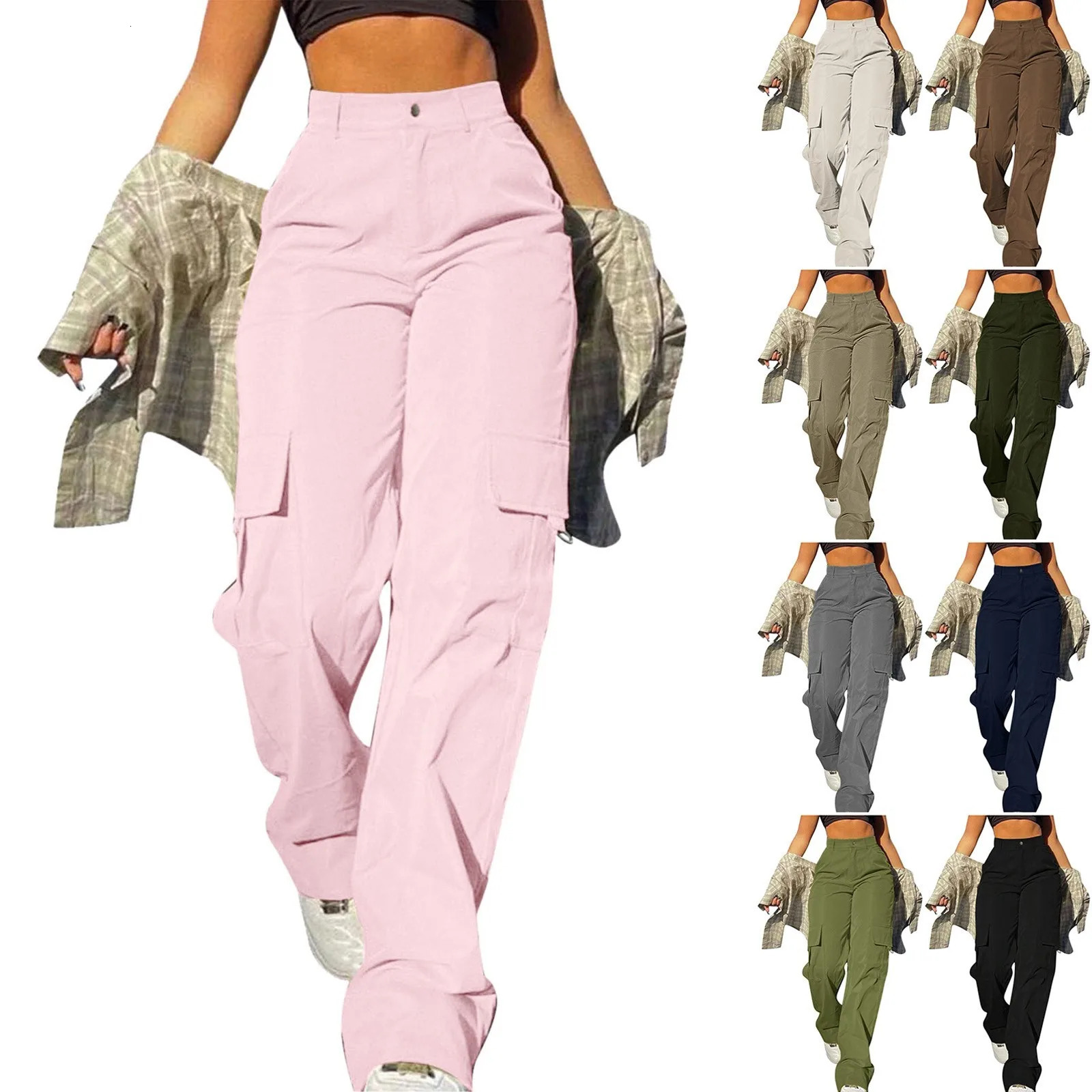 Womens Loose Cargo Pants High Waist Wide Leg Solid Color Full Length Trousers with Pockets Casual All Seasons Long Pants 250305