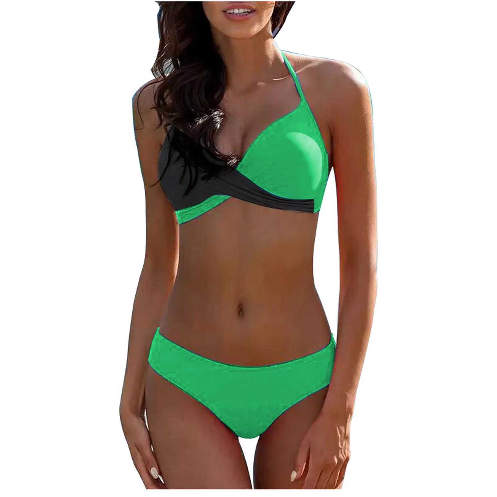 2024 New Halter Bikini Set Short Swimsuit Women High Waist Swimwear Split Bikini Color Matching Sleeveless Sexy SwimsuitT250310