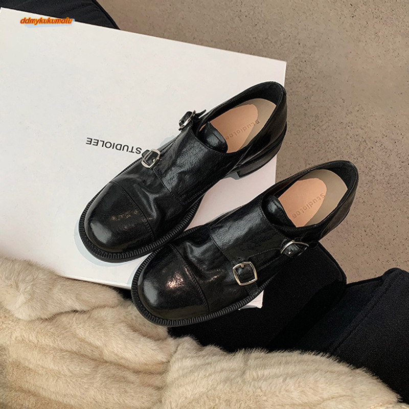 Grape Mom Autumn/Winter New Hatton Academy~Shrink lined horseskin double button round toe thick heel versatile British style leather shoes for women d