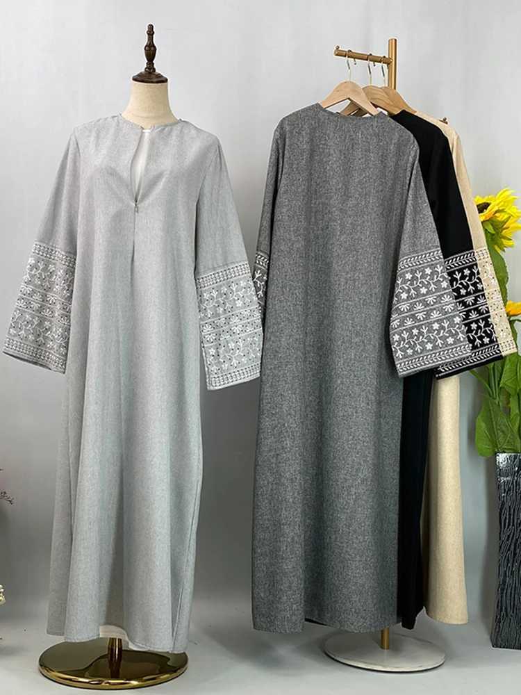 New Linen slim Abaya Sve Embroidery Clothing Dubai Turkish Spring summer Daily Fe Dress Moroccan Ktan Women RamadanXJ250310