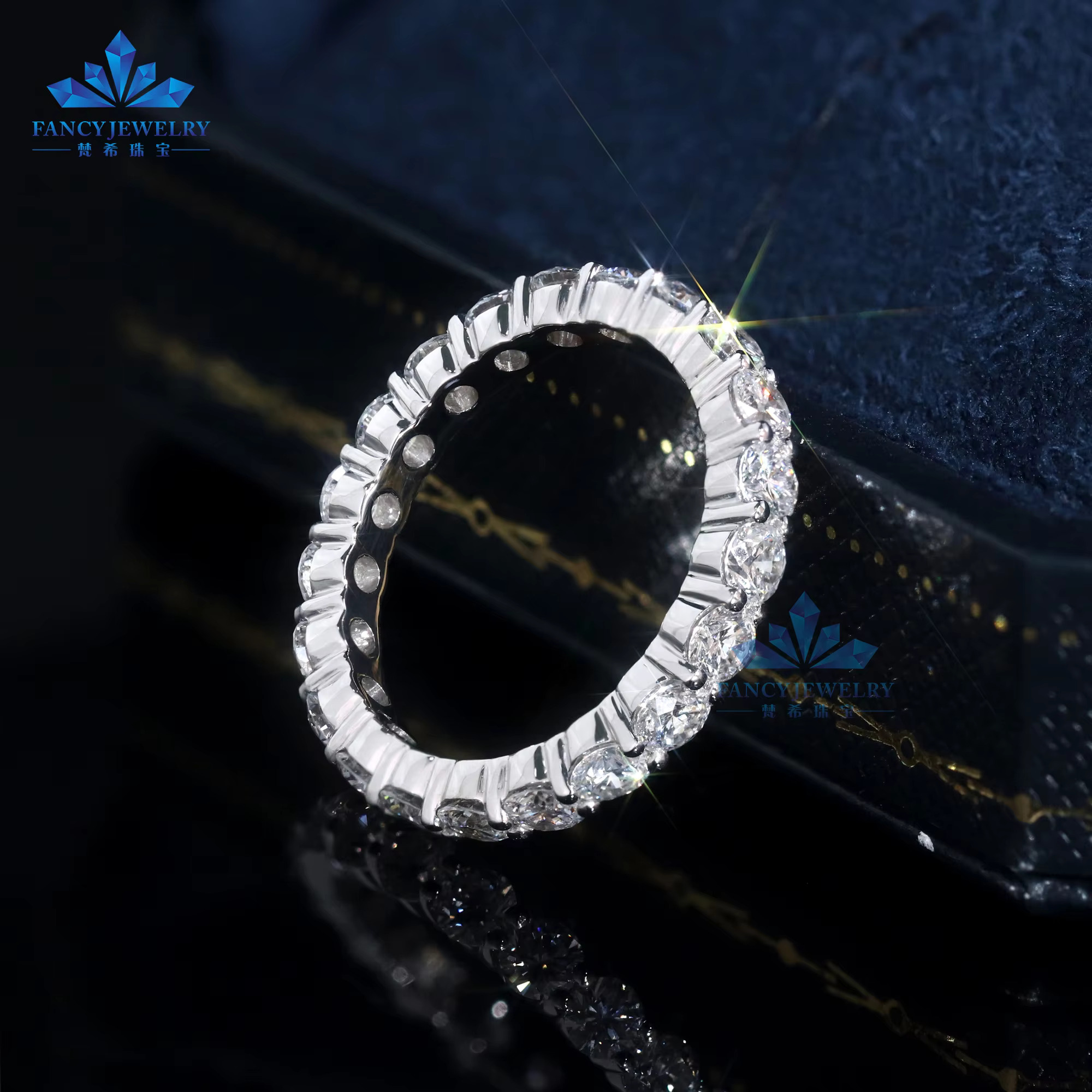 14K/18k Solid Gold Ring with 3mm Lab Grown Diamond Eternity Wedding Band in White or Rose Gold for Engagement or Gift