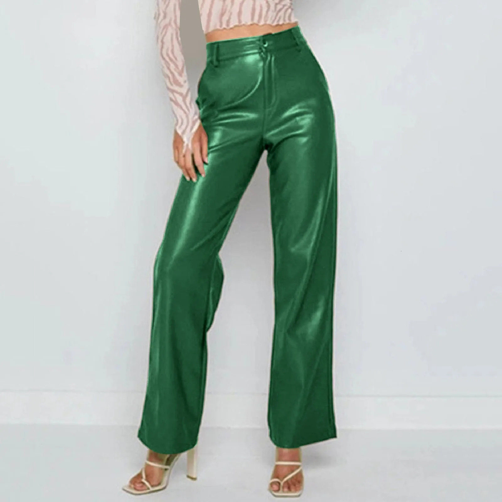Elastic Straight Tube Womens Trouser Fashion Pu Leather Ladies Pants Vertical Tube Casual Pants For Fine Women Stylish Women 250305