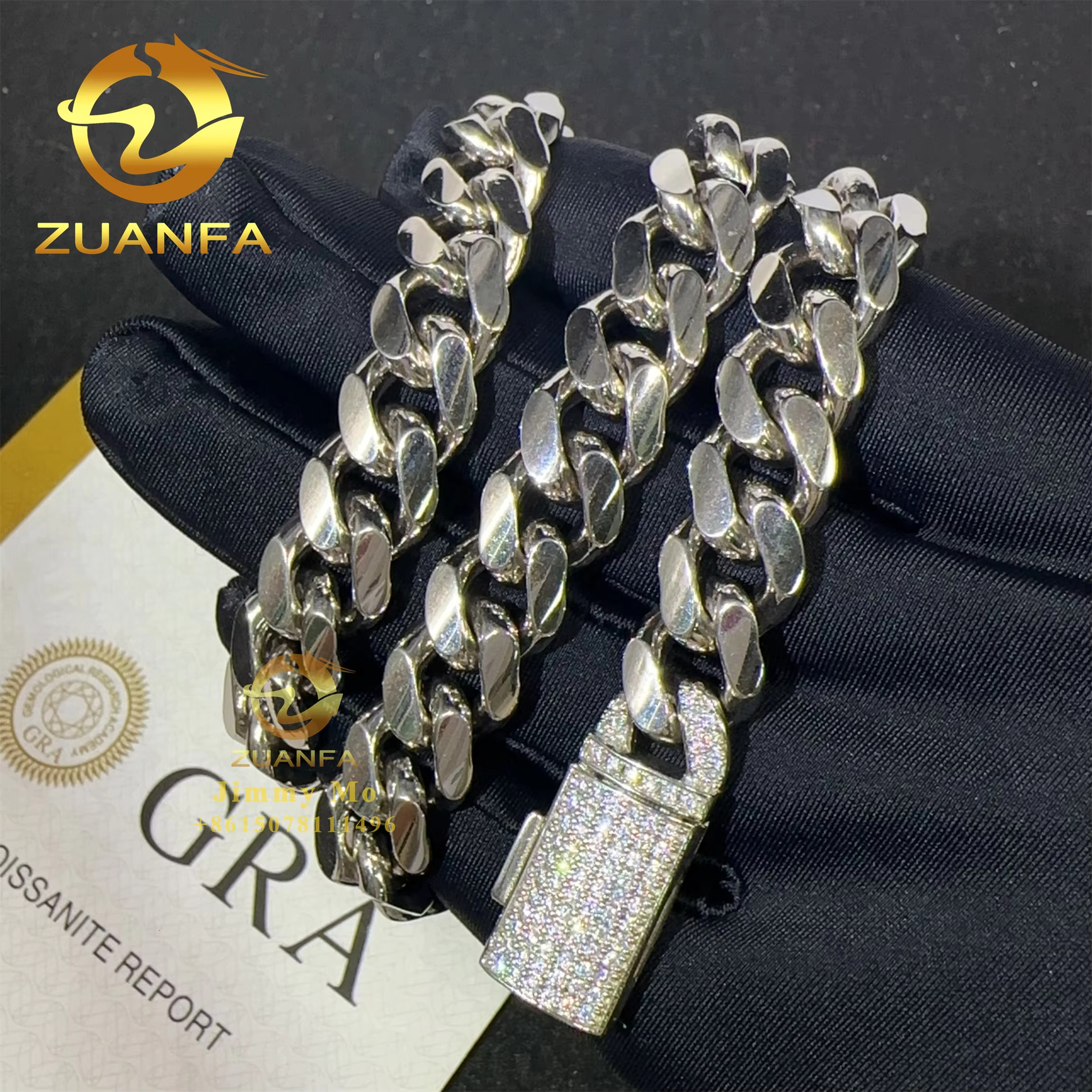 Custom Personal Man Hip Hop Jewelry 925 Sterling Silver 12mm Iced Out VVS1 Moissanite Diamond Clasp Miami Cuban Plain Chain