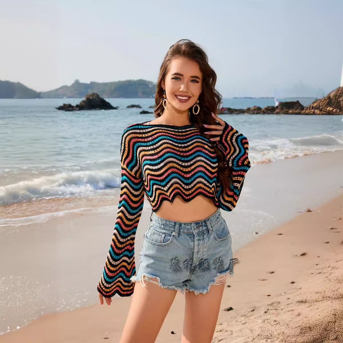 2025 Spring/Summer New Splicing Intercolor Round Neck Striped Bikini Beach Cover