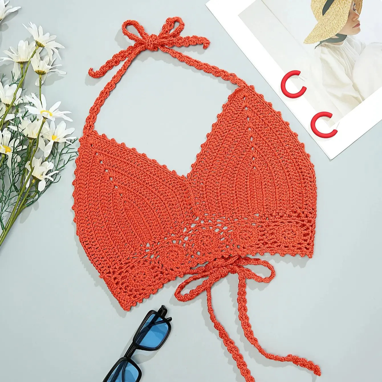 Handmade crocheted hollow bikini beachwear womens beach vacation lace up swimsuit solid color sunbathing suit 250305Z