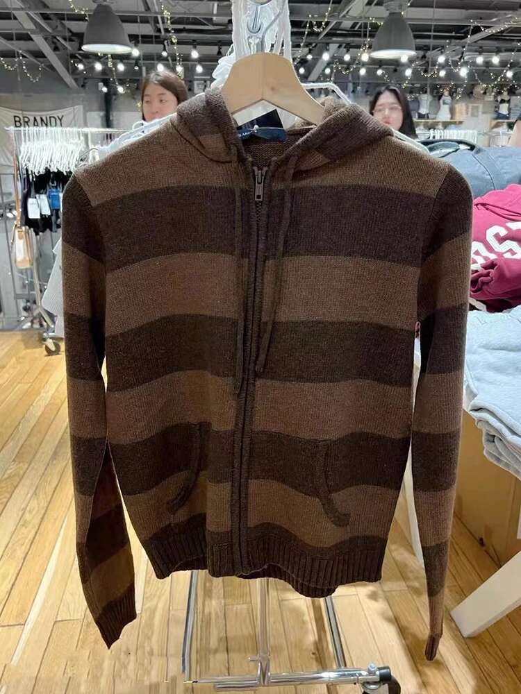 Striped Knitted Zip-up Hooded Cardigan Women Y2k Streetwear Cotton Long Sleeve Cropped Sweater Haruku Vintage Slim Tops Coat