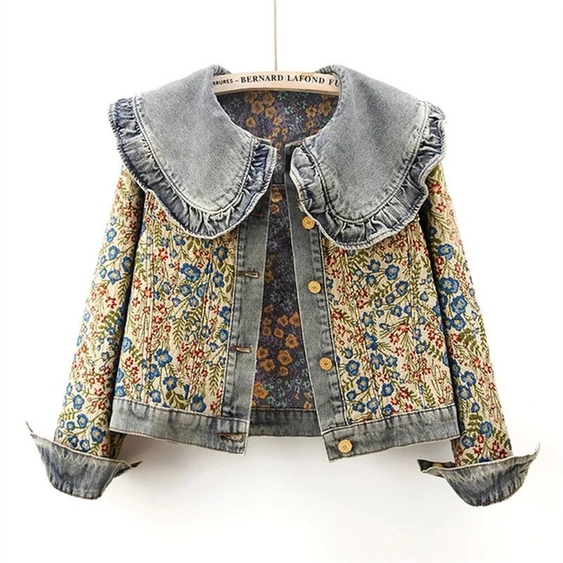 Spring and autumn jacquard embroidered denim jacket for women loose short casual Peter Pan collar 250226