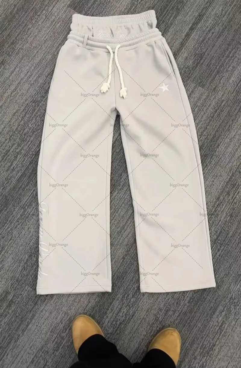 Double waist letter embroidered sports pants European and American street fashion clothing brushed straight wide leg pantsT250319