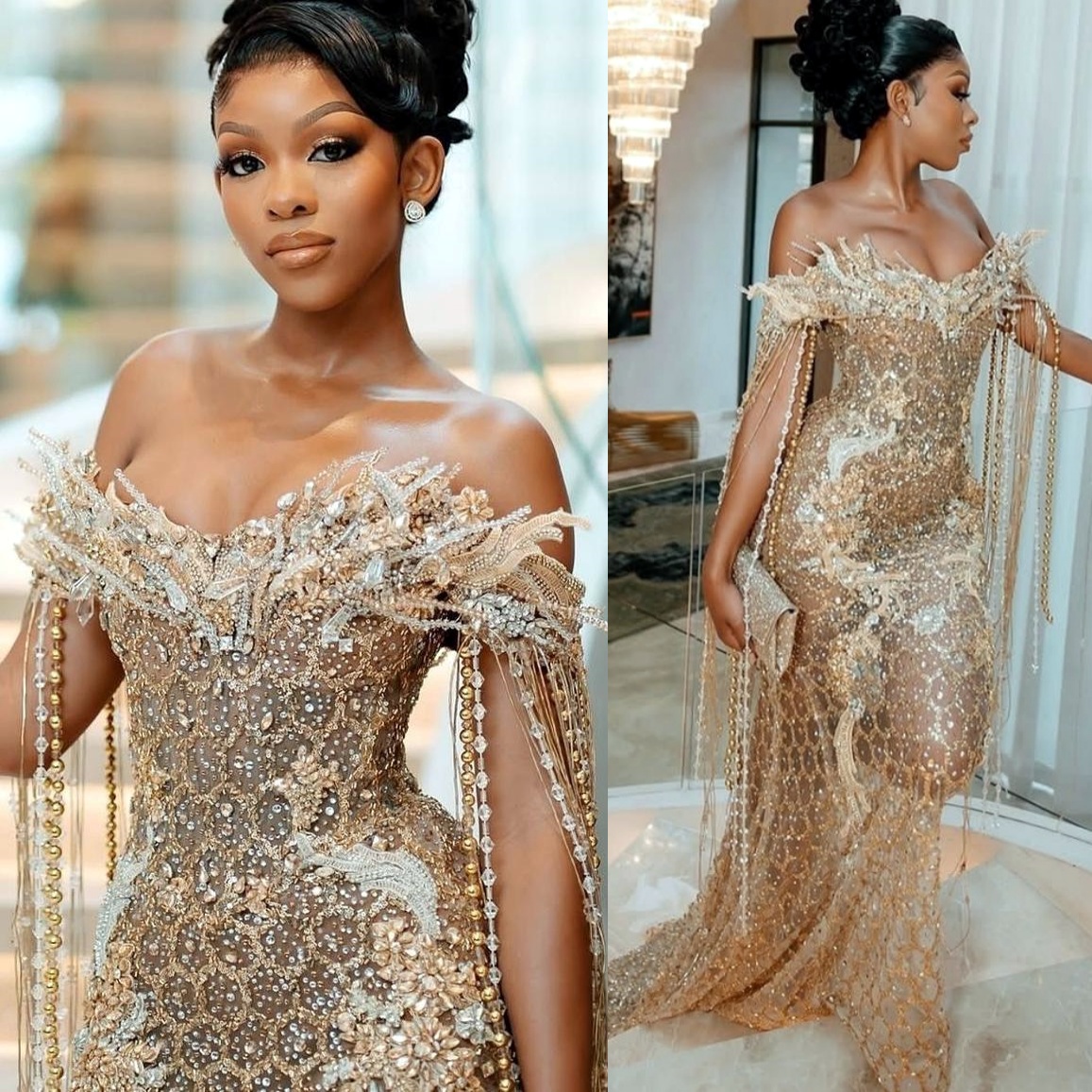 Gold Illusion Mermaid Prom Dresses 2025 Florals Crystals Sequined Evening Formal Party Second Birthday Engagement Gowns Plus Size Dress For Special Oc