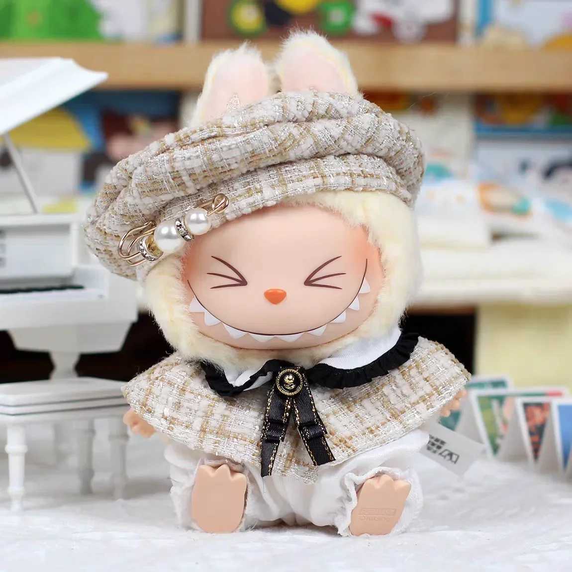 For 15cm Cute Labubu V1 V2 Mini Dolls Stylish Grid retro Cape With Beret Set Labubu Clothes Outfit Labubu Ropa Clothing GiftC250310