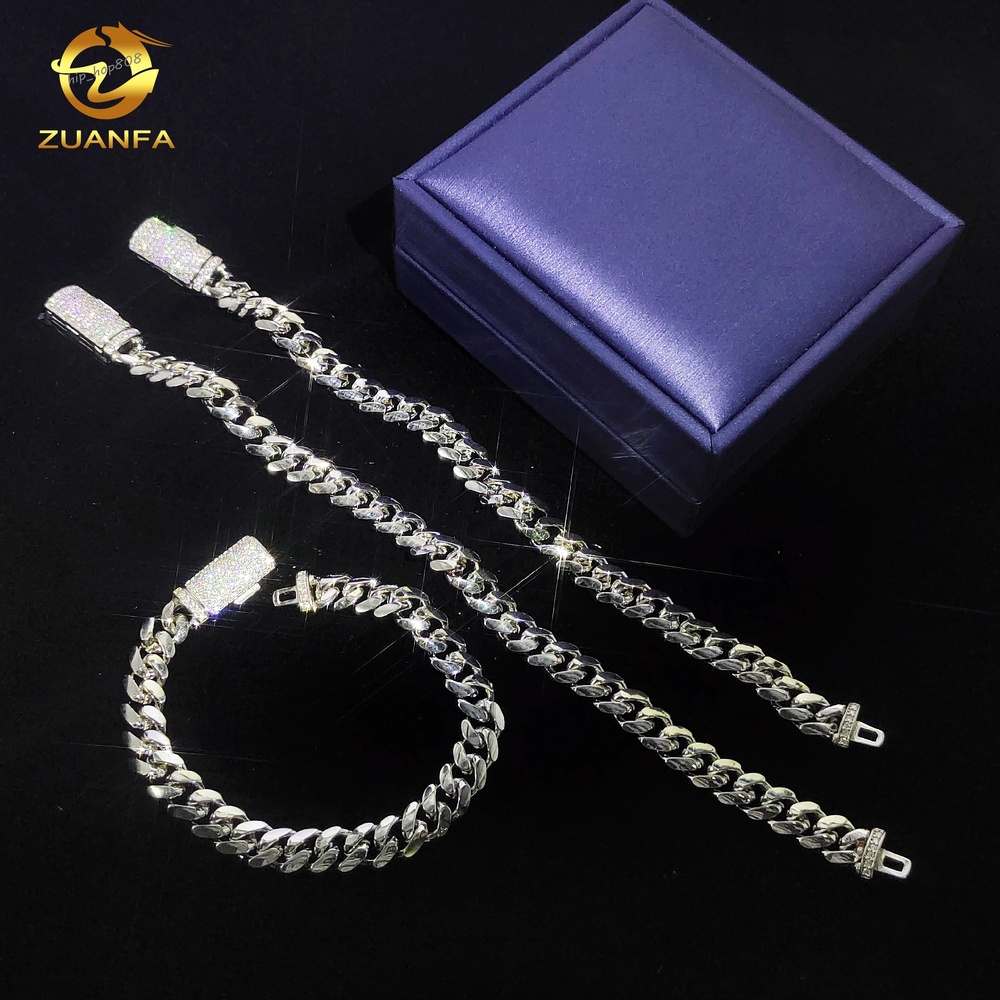 Zuanfa VVS Moissanite Diamond Clasp 8mm Wide Solid Silver Cuban Chain White Gold Plated Mens Hip Hop Fashion Necklace Bracelet