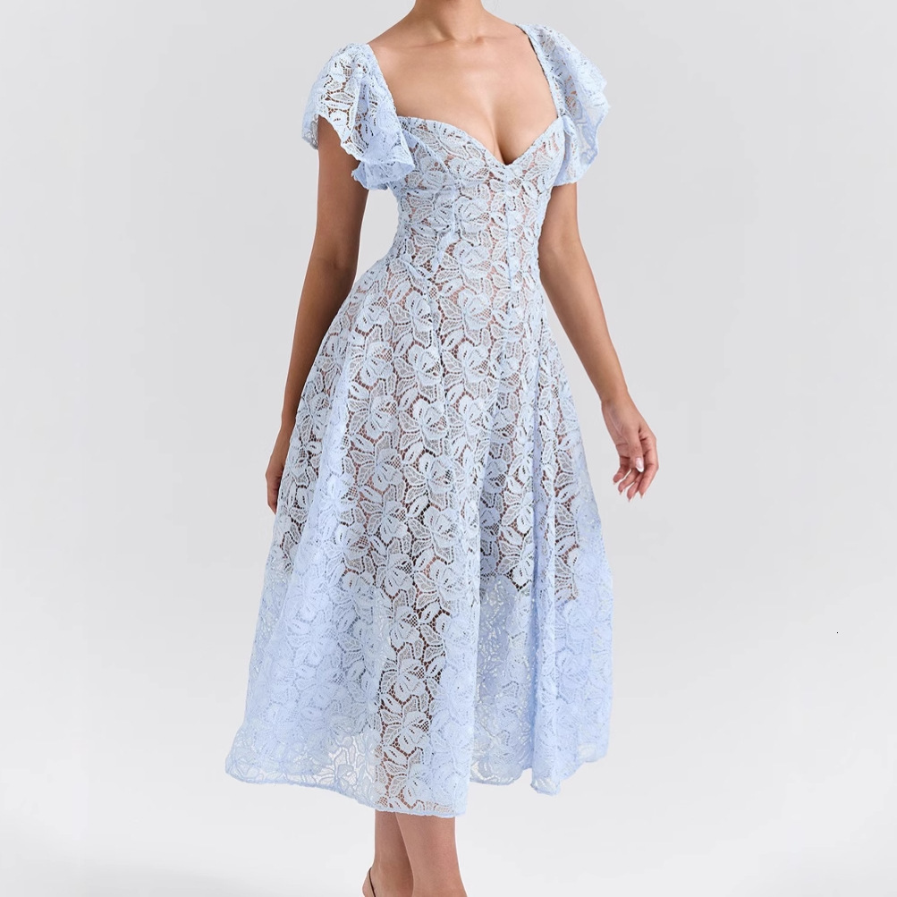 2025 Skirt Court Lace High Waist Slimming V-Neck Sexy Short Sleeved Long Dress For Women