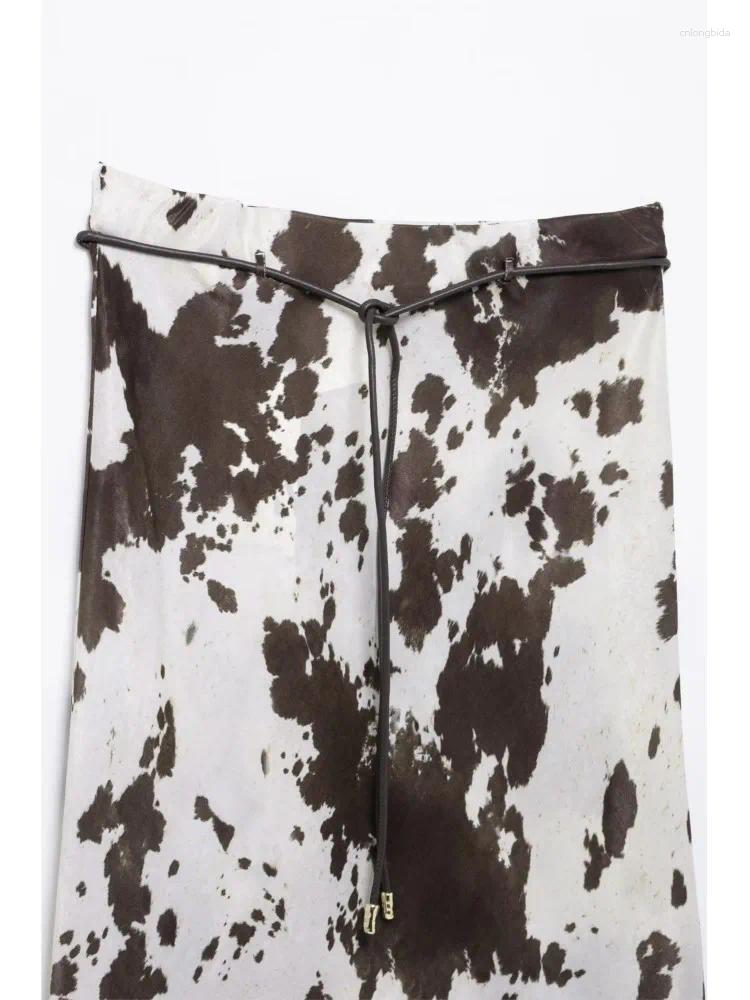 Skirts Print Women Midi Skirt With Belt High Street Style Spring Fashion Silk Textured Casual Sexy Button Womens