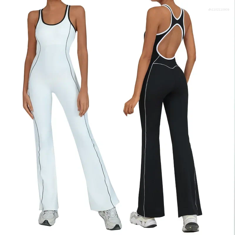 Active Sets Seamless Knitted Sports Fitness Yoga Jumpsuit Open Back Color Matching Bodysuit Naked Feel Workout Gym Wide Leg Flared Pants Set