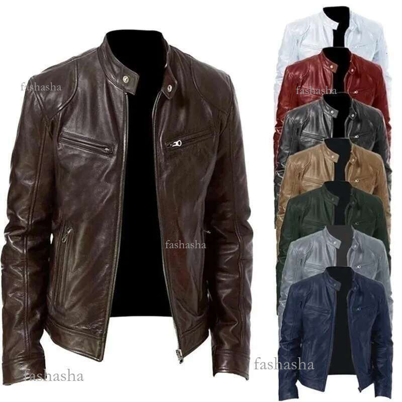 Mens Motorcycle Leather Jacket Slim Fit Shortcoat Lapel PU Jackets Autumn Zipper Stand Windproof Coat Clothing Y240821