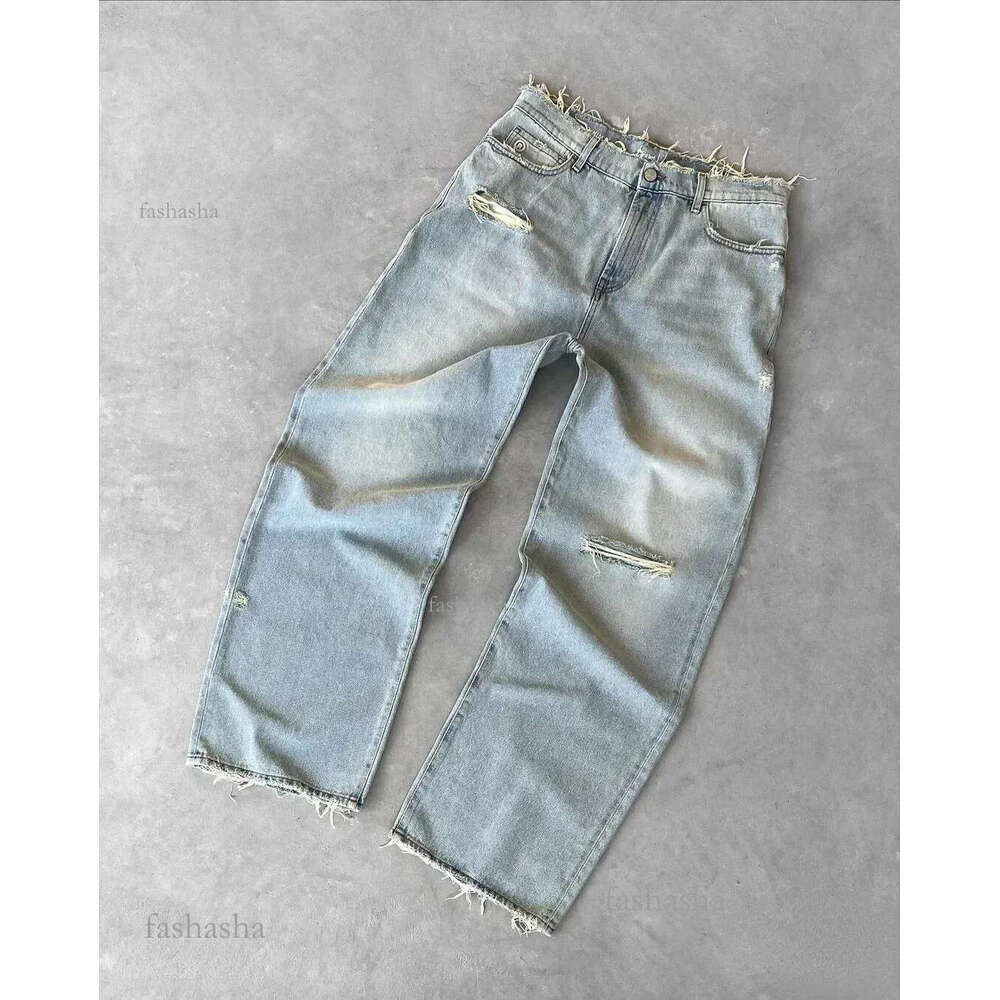 Mens Retro Blue Baggy Jeans High Waist Wide Leg Trousers Streetwear Y2k Hip Hop Embroidery 7 Dice Graphic 240820