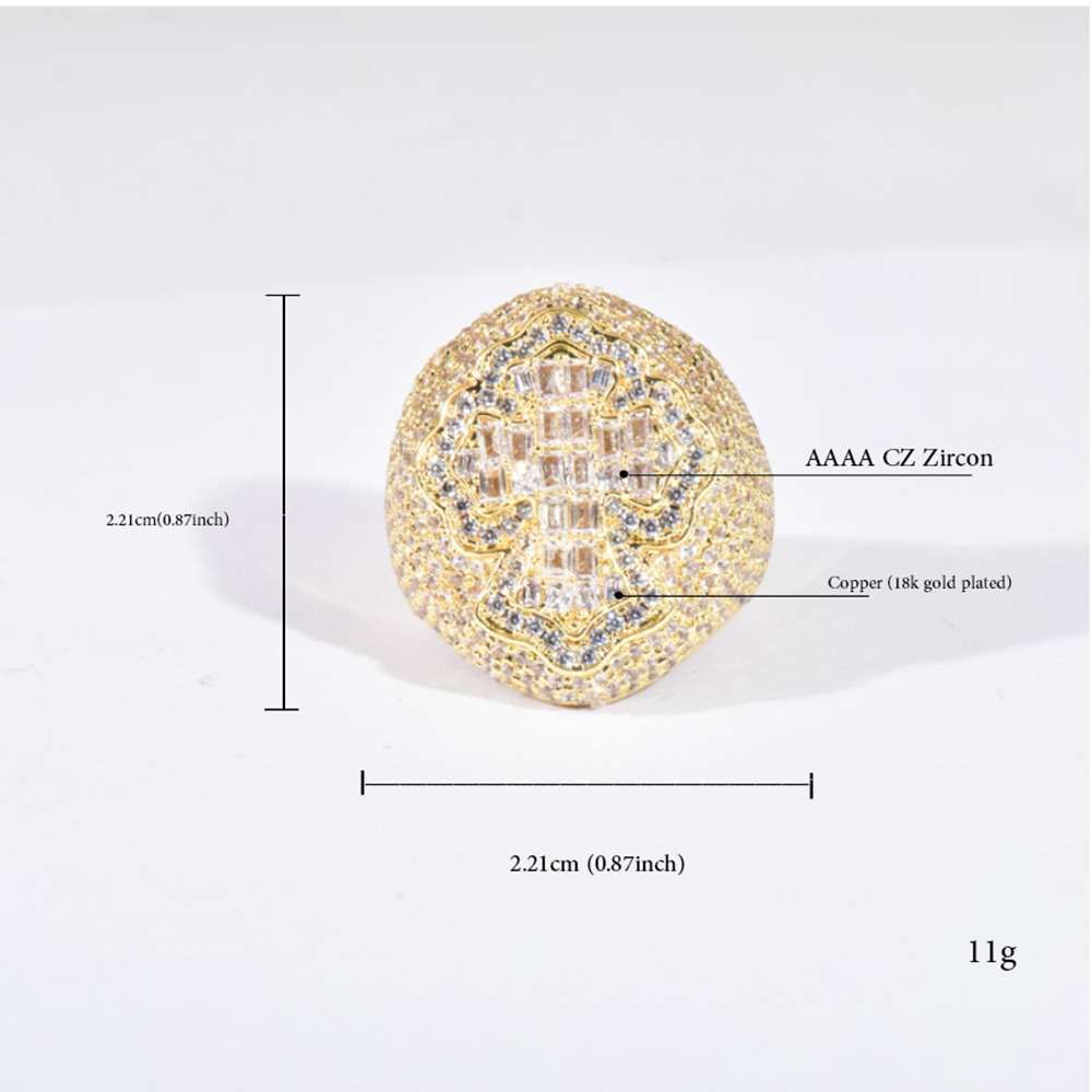 Hip Hop Casting Cross Oval Rings 18K Real Gold Plated Full 5A Zircon Jewelry Cool Men Gift