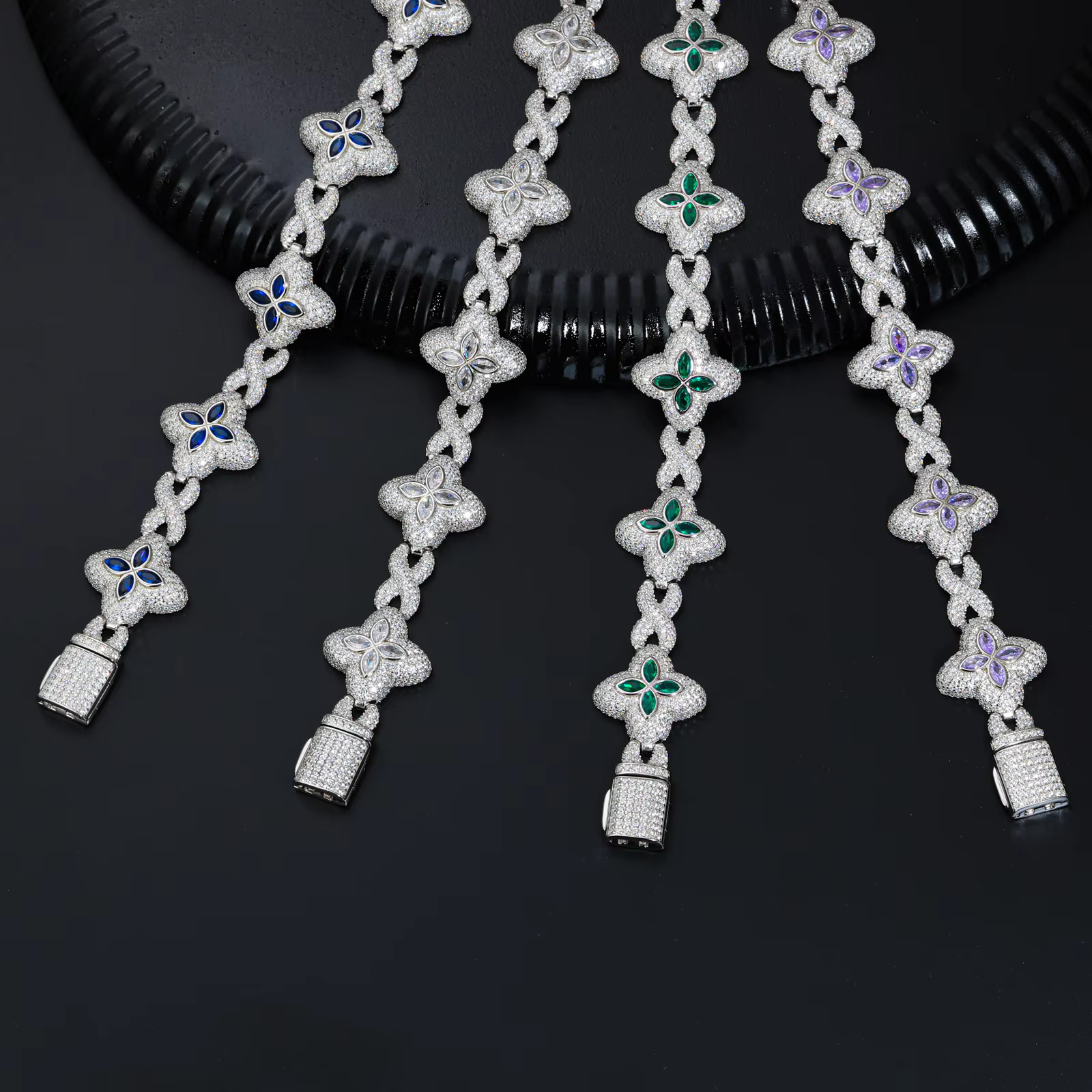 Fashion Hip Hop Jewelry 20mm Rose Gold 925 Sterling Silver Colored Moissanite Diamond Four Leaf Clover Infinity Link Bracelet