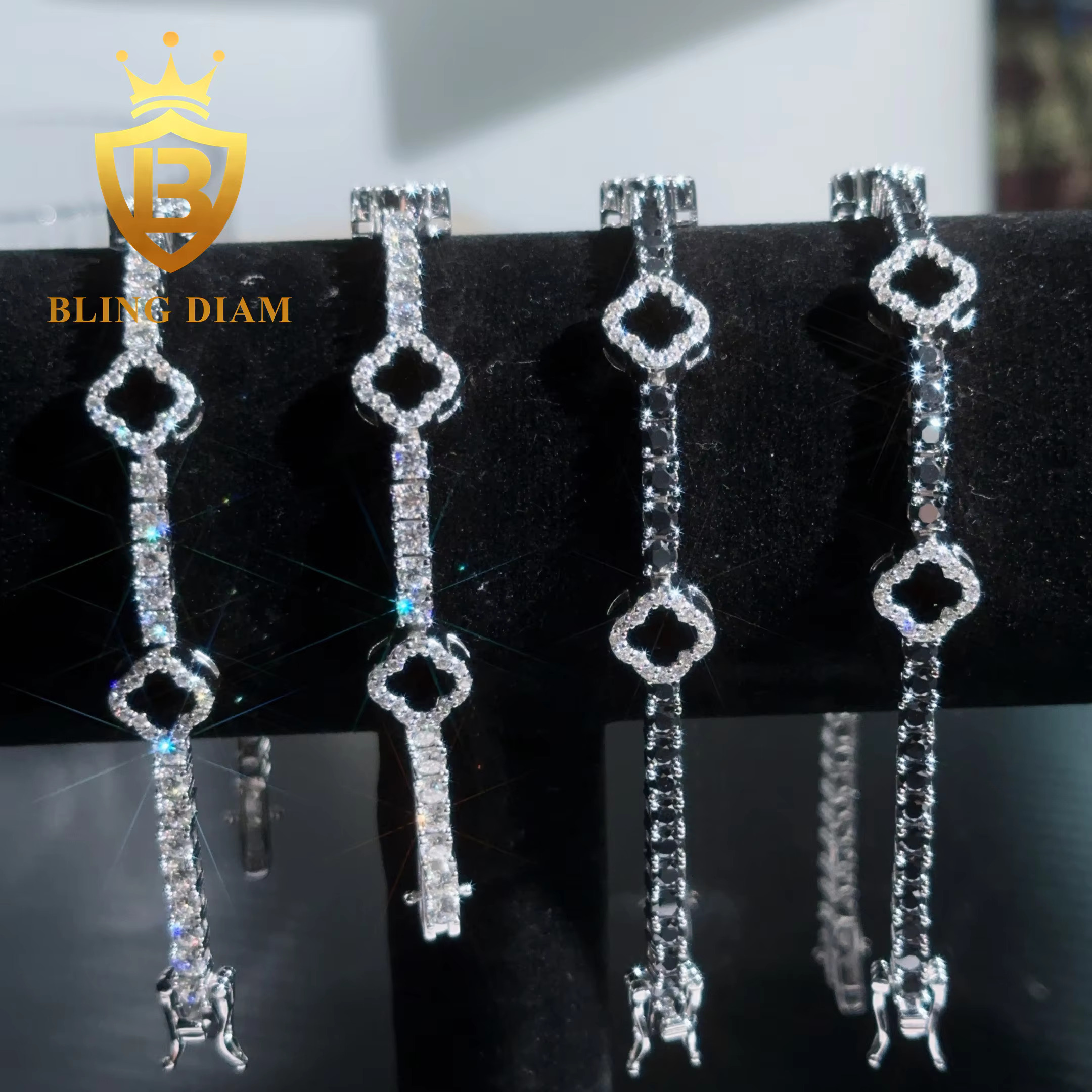 Fashion 3mm Black Clover Moissanite Tennis Chain Bracelet 925 Silver 3mm Moissanite Bracelet Pass Diamond test Hip Hop Bracelet