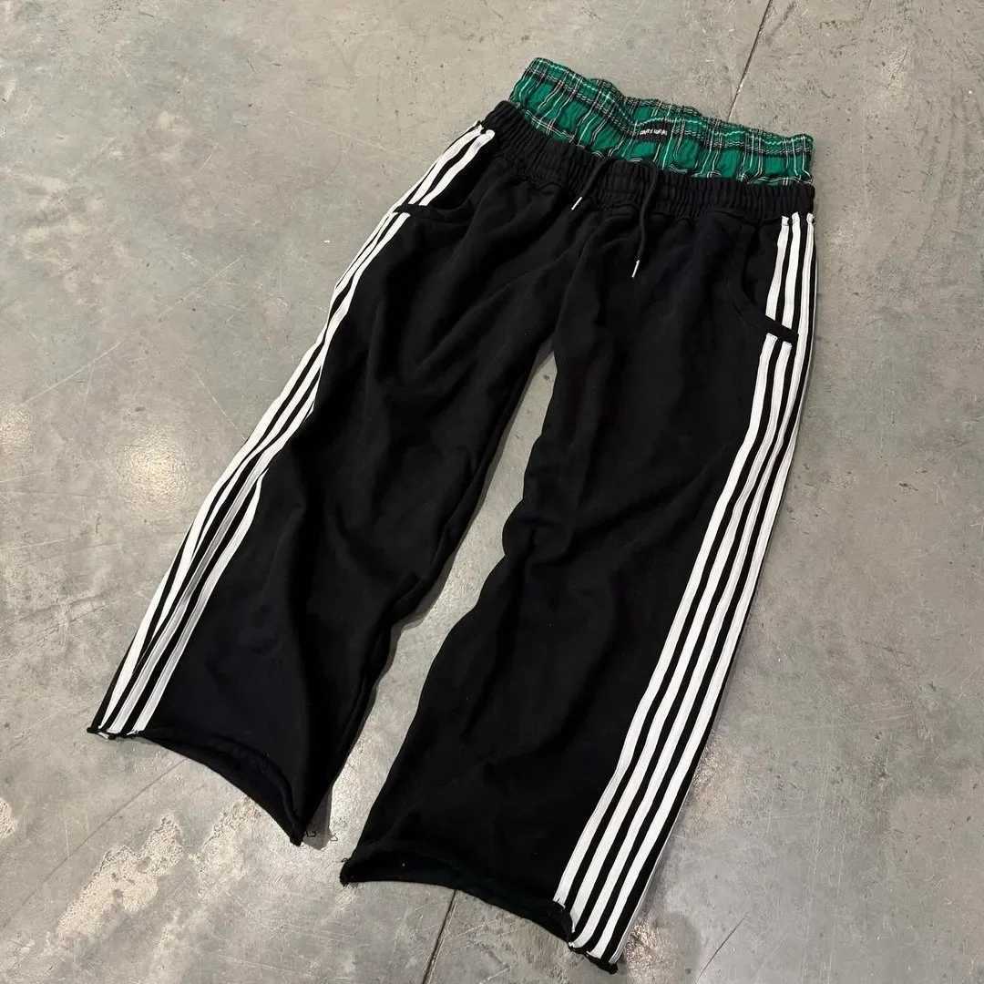 Retro Harajuku style striped mens casual pants high waist straight leg loose fit suitable for hip-hop sports pantsT250319