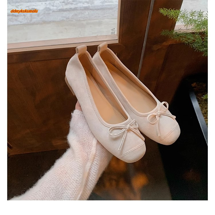 Grape Mom Ballet Style Bow Square Round Head Soft Suede Shallow Mouth Single Shoes Women Mary Jane Four Seasons Red Flat Bottom ddmykukumalu