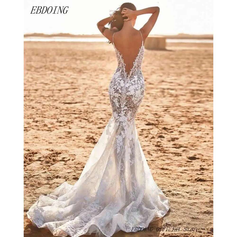 Newest Mermaid Dress Deep V Neckline Spaghetti Straps With Long Open Back Custom New Wedding Dresses