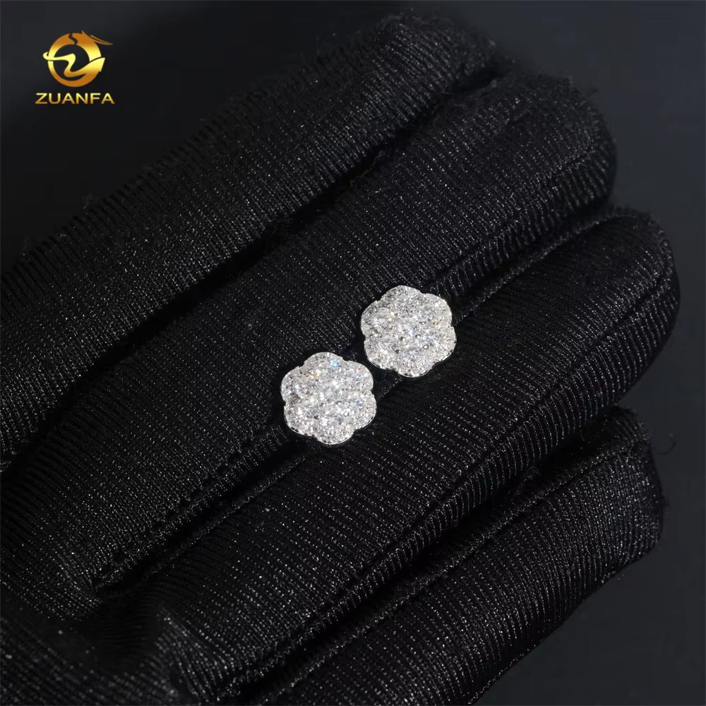 Hot Sale High Quality Cheap Price Hip Hop Style Iced Out 925 Silver Flower Cluster Men Moissanite Earrings