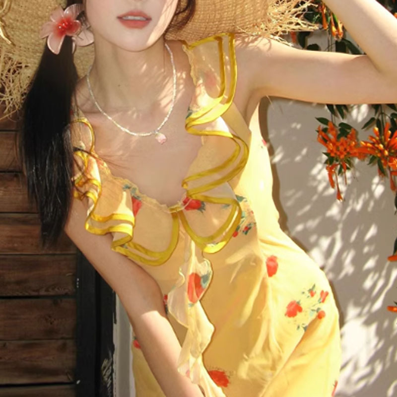 Casual Dresses Elegant Women Floral Print Sleeveless Strap Long Dress Summer Ruffles Split Party Dress for Club Streetwear 230505