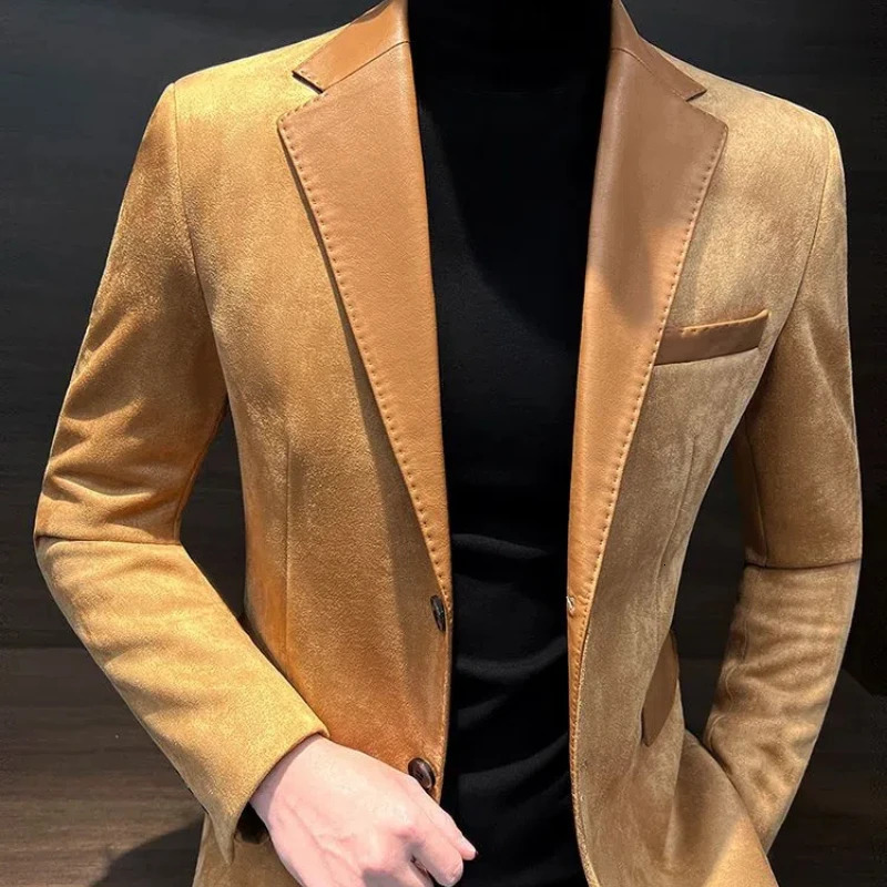 Spring Autumn Fashion Long Sleeve Turndown Collar Patchwork Solid Deer Skin Blazers Mens Clothing Korean Pockets Button Tops 250305