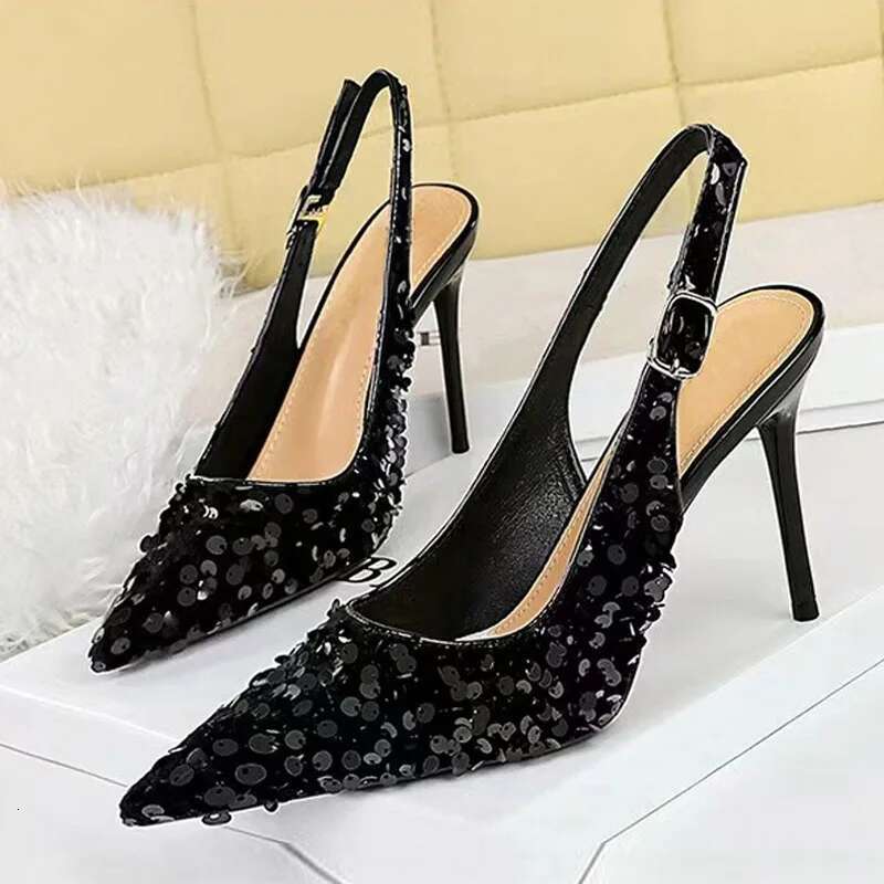 Fashion Gold Sequined Ankle Strap Women Pumps Elegant Pointed Toe Sgbacks Stiletto High Heels Wedding Prom Shoe Size 43
