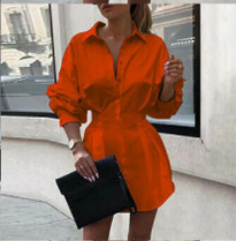 Dress Women Summer pure color lady turn down collar shirt waist button decoration mini Dresses Casual Dresses 250306