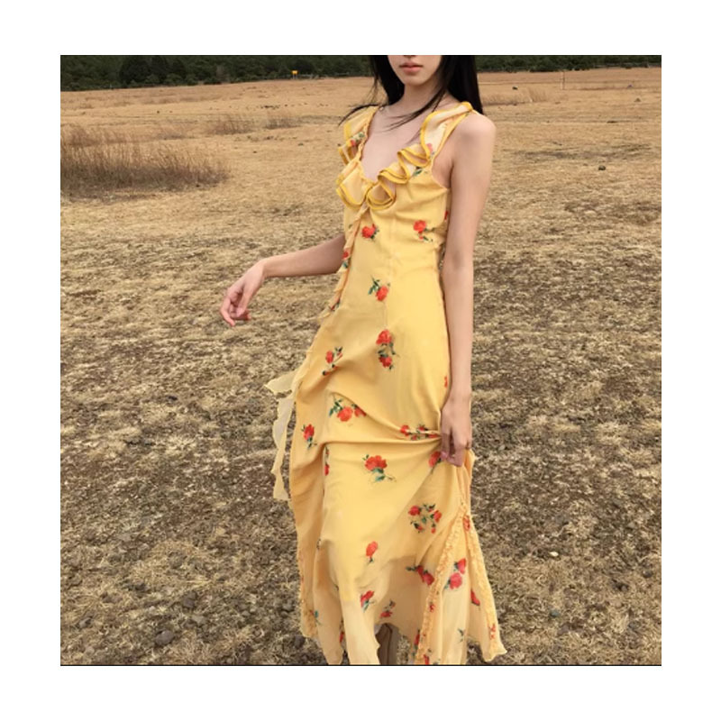 Casual Dresses Elegant Women Floral Print Sleeveless Strap Long Dress Summer Ruffles Split Party Dress for Club Streetwear 230505