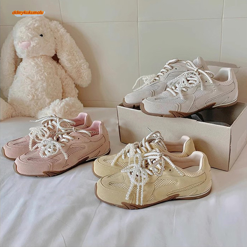 Grape Mom Spring New Girl's Feel Pearl Double Lace Leather Inner Height Increase Casual Style Ballet Training Shoes for Women ddmykukumalu
